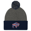 Two-tone navy and grey pom pom beanie with embroidered Buffalo silhouette in red white blue football team color stripes.