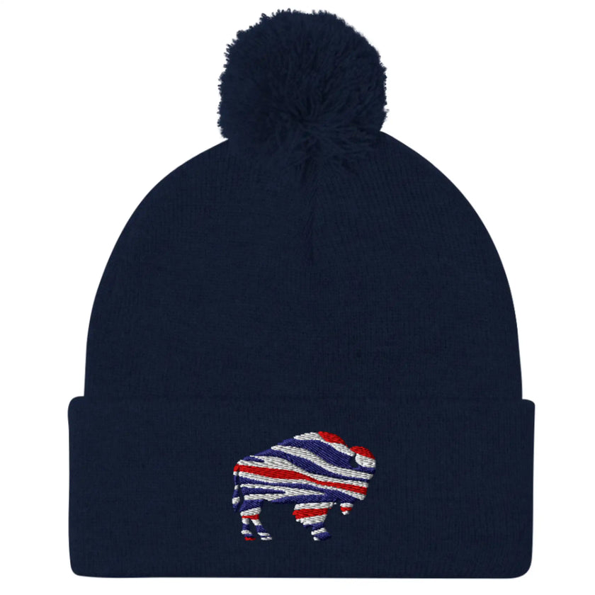 Navy pom pom winter hat with embroidered Buffalo silhouette in red white blue football team stripes, Buffalo fan beanie design.