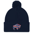 Navy pom pom winter hat with embroidered Buffalo silhouette in red white blue football team stripes, Buffalo fan beanie design.
