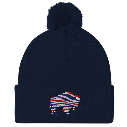 Navy pom pom winter hat with embroidered Buffalo silhouette in red white blue football team stripes, Buffalo fan beanie design.
