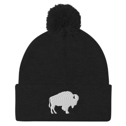 Black puffball pom pom beanie with embroidered Buffalo silhouette logo, warm winter hat inspired by Buffalo city and sports pride.”