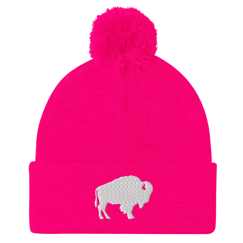 Hot pink Buffalo silhouette embroidered pom pom beanie winter hat cozy knit Buffalo game day winter hat with white logo for women and men cold weather fan wear