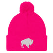 Hot pink Buffalo silhouette embroidered pom pom beanie winter hat cozy knit Buffalo game day winter hat with white logo for women and men cold weather fan wear