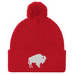 Red pom pom beanie featuring embroidered Buffalo silhouette logo, bold winter hat inspired by Buffalo city and sports culture.