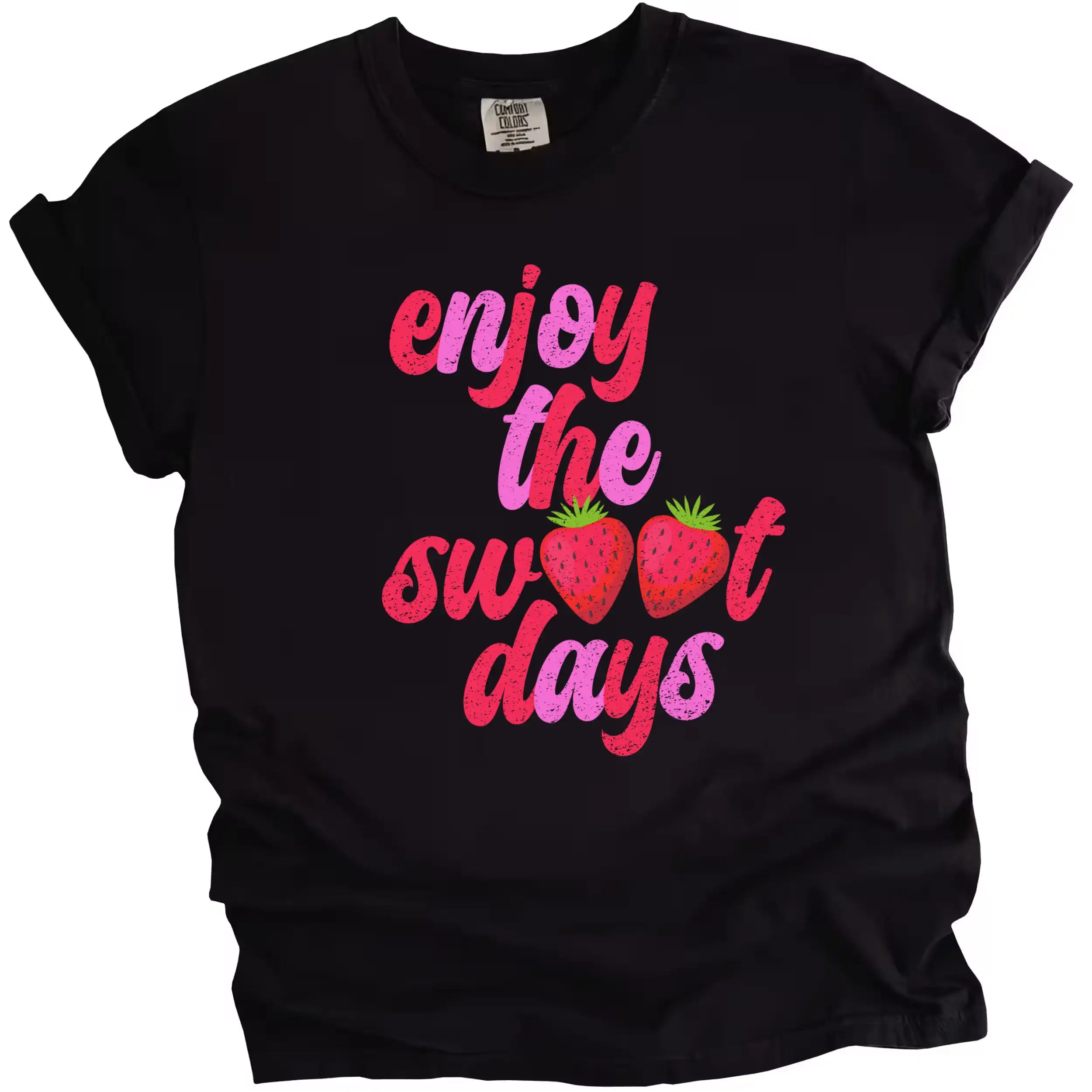 Strawberry graphic t-shirt in black, retro ‘Enjoy the Sweet Days’ lettering with fruit detail, cute summer design.