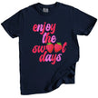 Enjoy the Sweet Days t-shirt in navy, distressed retro pink and red lettering with strawberry detail, summer graphic tee