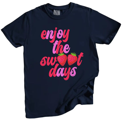Enjoy the Sweet Days t-shirt in navy, distressed retro pink and red lettering with strawberry detail, summer graphic tee