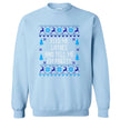 Light blue Hanukkah sweatshirt with ‘Feed Me Latkes and Tell Me I’m Pretty’ ugly sweater inspired design, knitted-look font with reindeer and snowflakes for cozy holiday apparel.