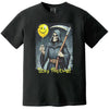 Black “Stay Positive” grim reaper t-shirt flat lay featuring scythe and yellow smiley face balloon, sarcastic dark humor graphic design