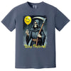 Blue “Stay Positive” grim reaper t-shirt flat lay highlighting ironic dark humor illustration and bold sarcastic message