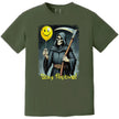 Green “Stay Positive” grim reaper t-shirt flat lay featuring sarcastic reaper graphic and bright yellow smiley balloon design