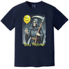 Navy “Stay Positive” grim reaper t-shirt flat lay with ironic reaper illustration holding smiley balloon, edgy humorous statement tee