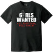 Funny ‘Girls Wanted All Positions’ t-shirt in black, bold sign-style text with silhouette detail, cheeky party humor graphic tee.