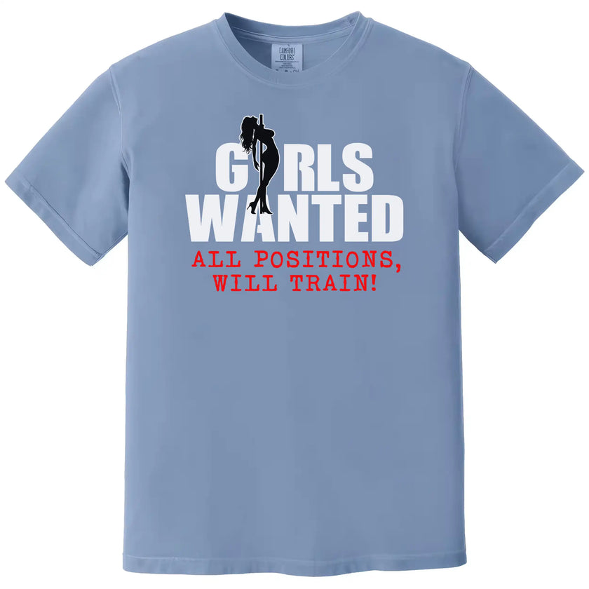 Party humor t-shirt in blue featuring ‘Girls Wanted All Positions’ text with silhouette design, bold and cheeky graphic tee.