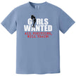 Party humor t-shirt in blue featuring ‘Girls Wanted All Positions’ text with silhouette design, bold and cheeky graphic tee.