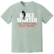 Funny sign-style graphic tee in green, ‘Girls Wanted All Positions’ wording with silhouette detail, playful adult humor shirt.