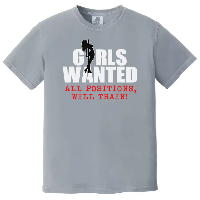 Cheeky humor t-shirt in grey with ‘Girls Wanted All Positions’ text and silhouette design, bold party and bar graphic tee.