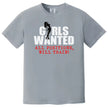 Cheeky humor t-shirt in grey with ‘Girls Wanted All Positions’ text and silhouette design, bold party and bar graphic tee.