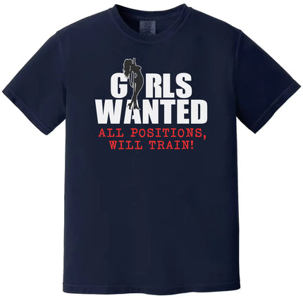 Girls Wanted All Positions’ graphic tee in navy, playful sign-inspired design with silhouette element, funny bar and party shirt.