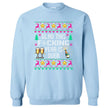 Light blue New Year graphic sweatshirt with ‘Glad This F*cking Year Is Over’ ugly sweater inspired knitted font, snowflake symbol, champagne bottle, and holiday accents.