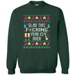 Green funny New Year sweatshirt featuring ‘Glad This F*cking Year Is Over’ in cozy knitted-look lettering with champagne bottle, reindeer, stars, and ugly sweater style design.