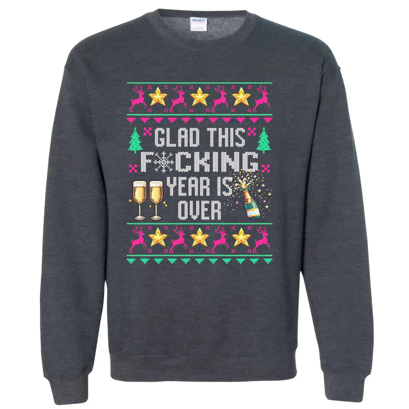 Grey humorous New Year ugly sweater sweatshirt with ‘Glad This F*cking Year Is Over’ knitted-style lettering, champagne bottle graphic, reindeer, and festive star details