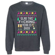 Grey humorous New Year ugly sweater sweatshirt with ‘Glad This F*cking Year Is Over’ knitted-style lettering, champagne bottle graphic, reindeer, and festive star details