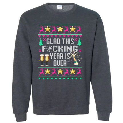 Grey humorous New Year ugly sweater sweatshirt with ‘Glad This F*cking Year Is Over’ knitted-style lettering, champagne bottle graphic, reindeer, and festive star details