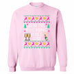 Pink sarcastic New Year ugly sweater sweatshirt featuring ‘Glad This F*cking Year Is Over’ knitted-style text with champagne bottle, reindeer, and playful festive stars