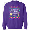 Purple funny New Year sweatshirt with ‘Glad This F*cking Year Is Over’ ugly sweater style design featuring knitted lettering, champagne bottle, reindeer, and sparkling stars.
