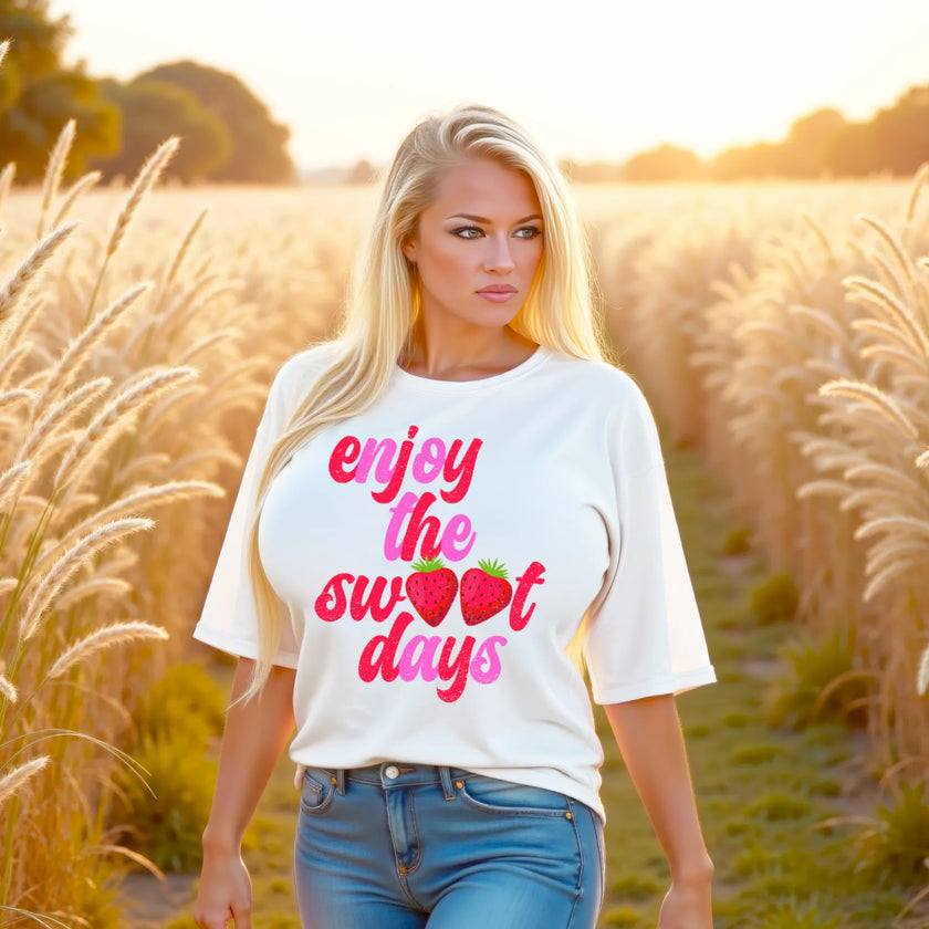 Gorgeous blonde woman Shannon Alexis, founder and designer of Inkredibly Punny Buffalo apparel company, wearing an oversized graphic tee walking through a cornfield at golden hour in a soft, peaceful lifestyle scene.