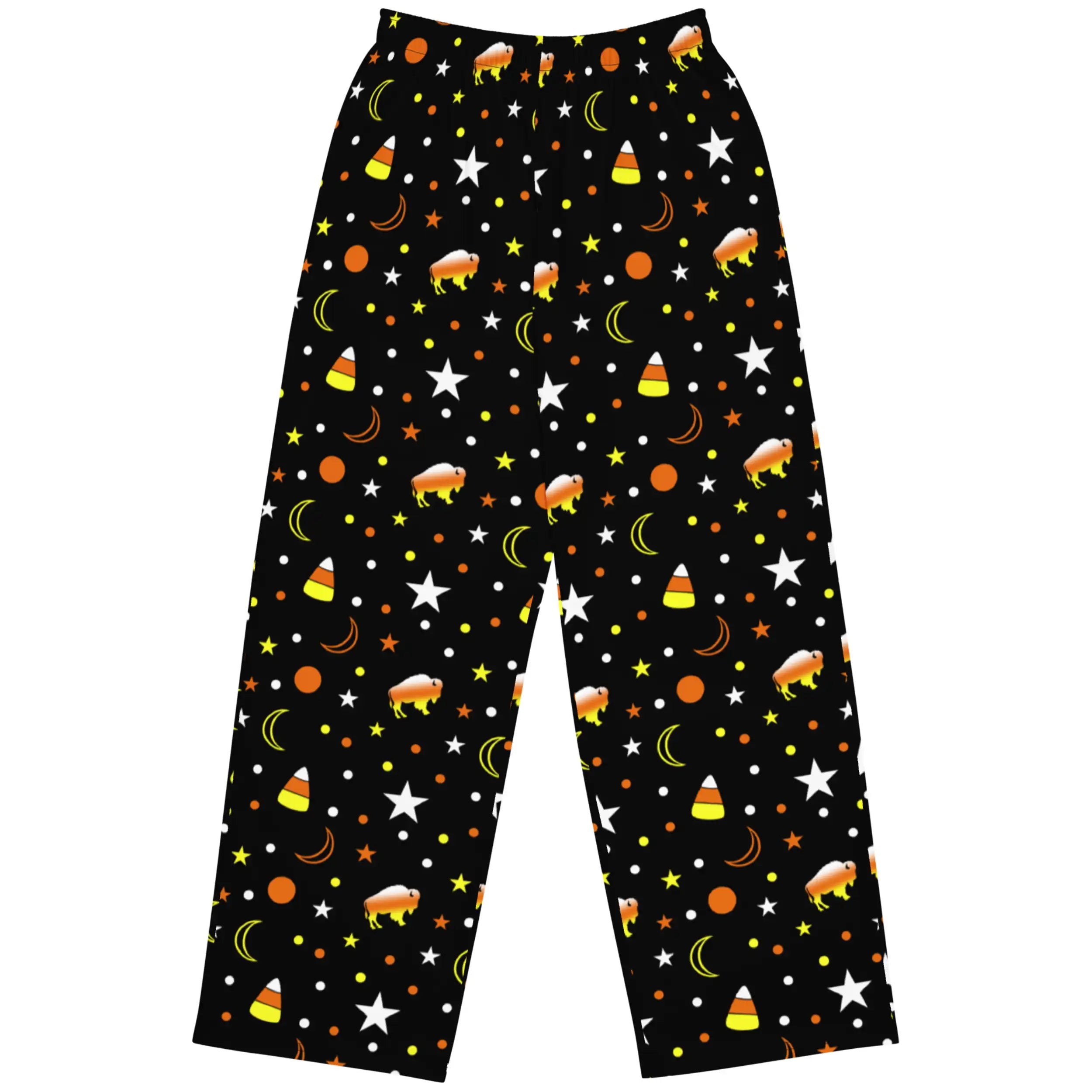 Flat lay of black Buffalo Halloween lounge pants featuring unique candy corn themed pattern with orange yellow white buffaloes, candy corns, stars, moons, and dots.