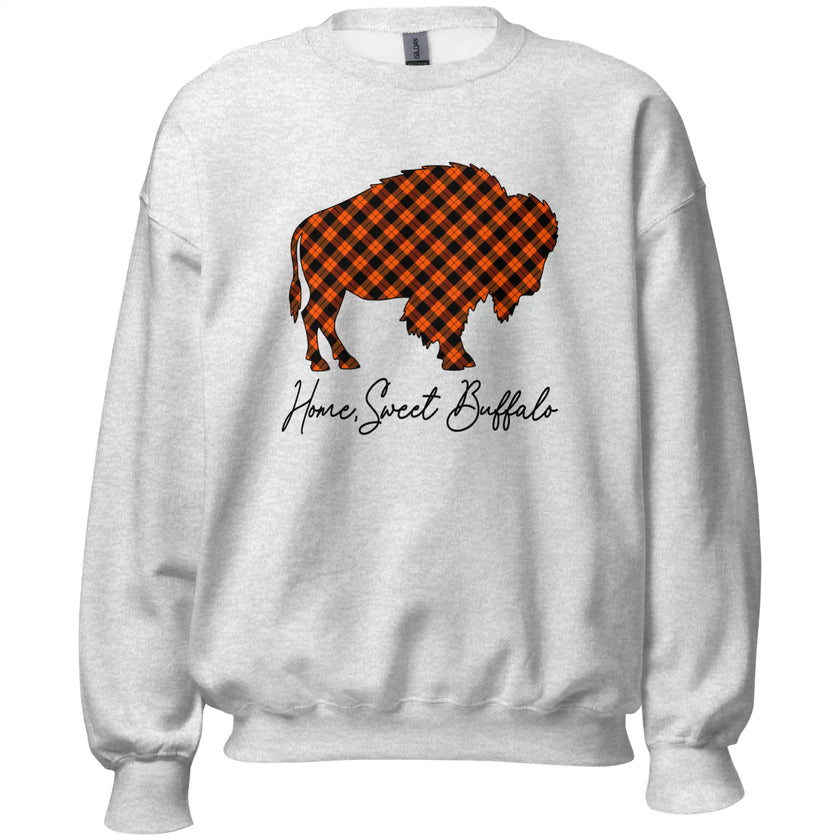 Light grey Buffalo hometown fall sweatshirt featuring a warm plaid buffalo silhouette and Home Sweet Buffalo script, comfortable autumn apparel inspired by Buffalo NY.