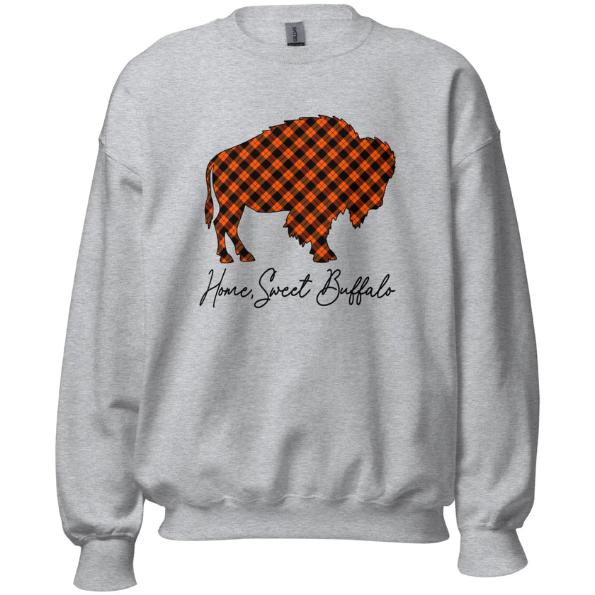 Grey Home Sweet Buffalo NY sweatshirt with a classic black and orange plaid buffalo design and graceful script text, perfect for cozy autumn days.