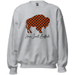 Grey Home Sweet Buffalo NY sweatshirt with a classic black and orange plaid buffalo design and graceful script text, perfect for cozy autumn days.