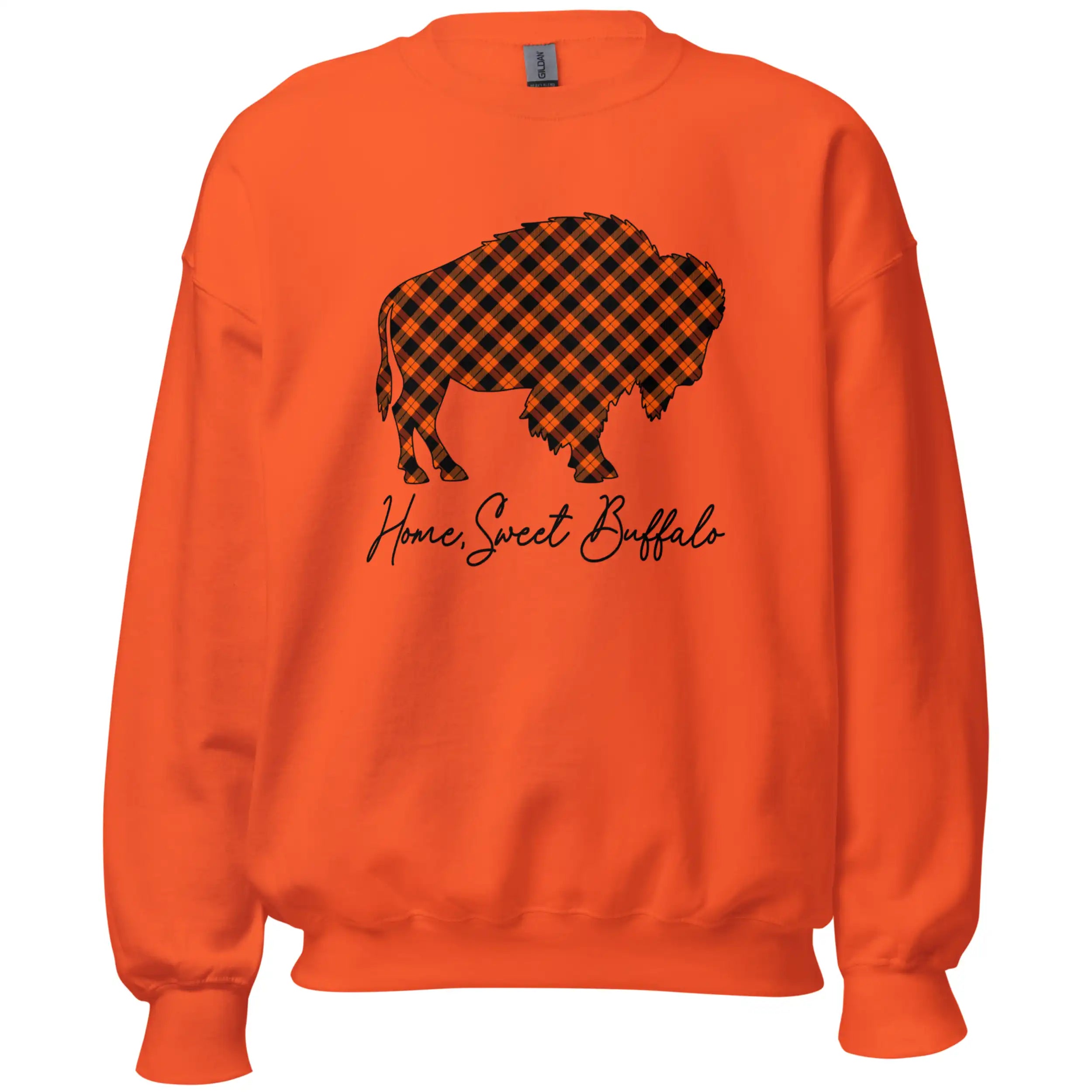 Orange Home Sweet Buffalo sweatshirt showcasing a cozy black and orange plaid buffalo graphic with flowing script lettering, the perfect sweatshirt for crisp Buffalo fall weather.