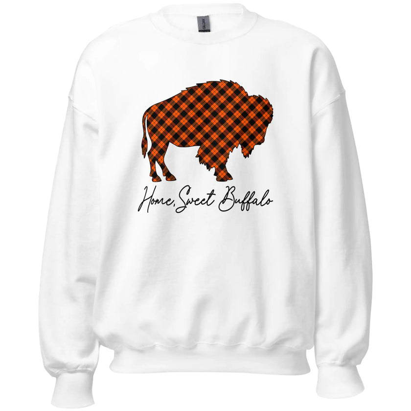 White Home Sweet Buffalo sweatshirt featuring a cozy black and orange plaid buffalo silhouette with elegant script lettering, warm fall apparel celebrating Buffalo NY.