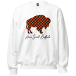 White Home Sweet Buffalo sweatshirt featuring a cozy black and orange plaid buffalo silhouette with elegant script lettering, warm fall apparel celebrating Buffalo NY.