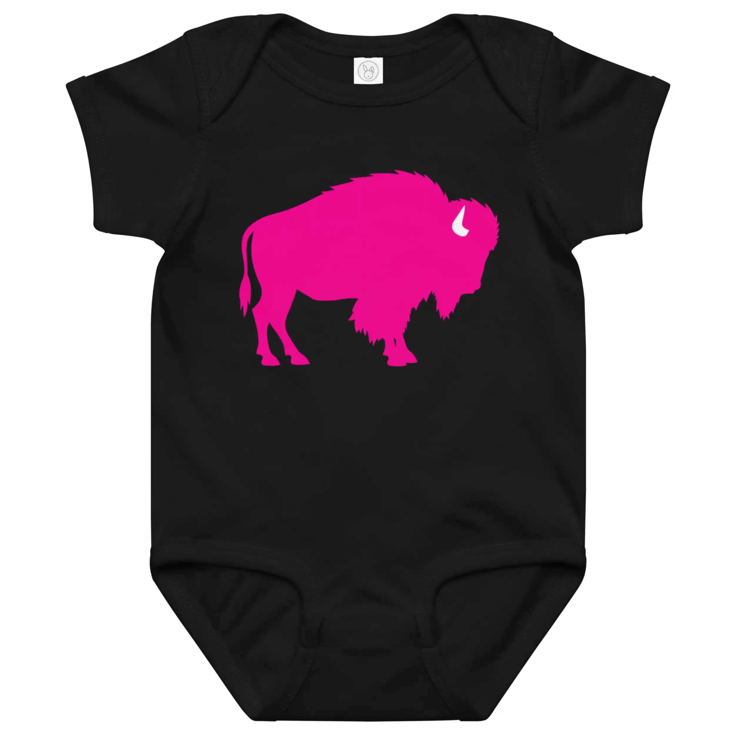 Black Buffalo baby bodysuit featuring oversized hot pink buffalo silhouette design, bold Buffalo baby outfit with modern graphic style.