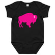 Black Buffalo baby bodysuit featuring oversized hot pink buffalo silhouette design, bold Buffalo baby outfit with modern graphic style.