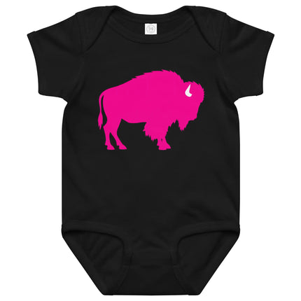 Black Buffalo baby bodysuit featuring oversized hot pink buffalo silhouette design, bold Buffalo baby outfit with modern graphic style.