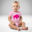 Baby wearing pink Buffalo baby bodysuit featuring large hot pink buffalo silhouette graphic, front view cute Buffalo themed baby outfit.