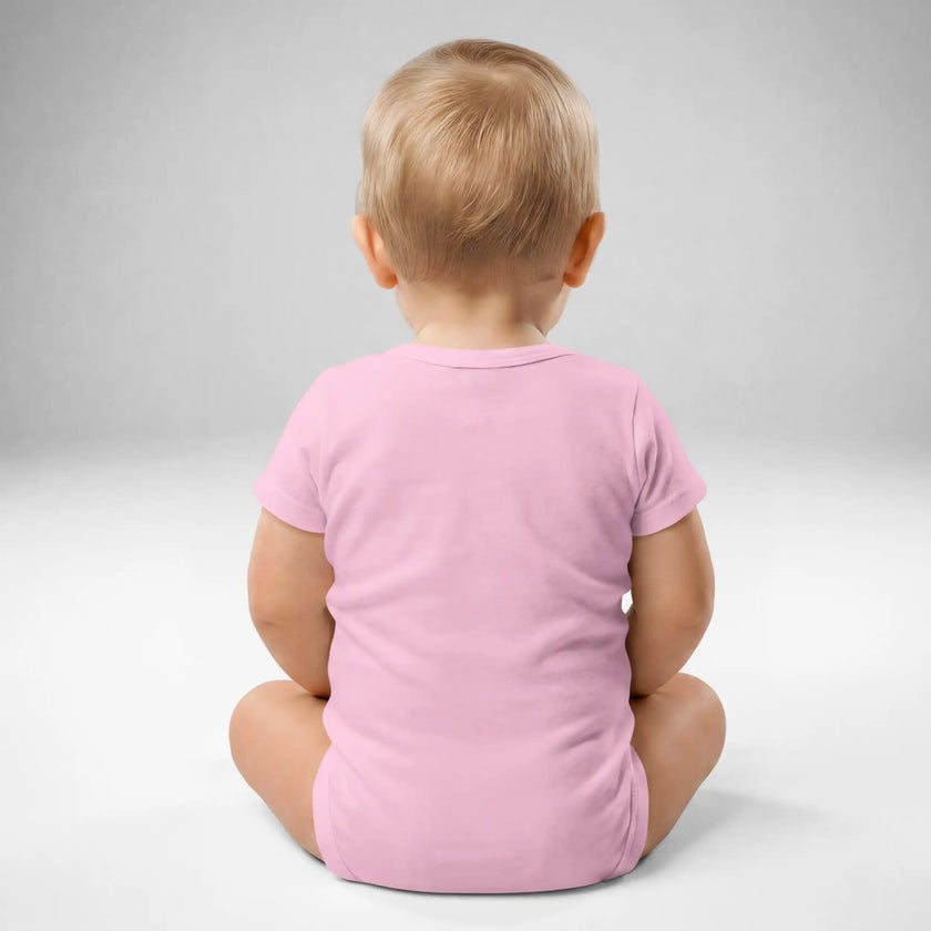 Back view of baby wearing pink Buffalo baby bodysuit with soft cotton fit and snap closure design, Buffalo baby apparel.