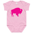 Pink Buffalo baby bodysuit featuring large bold hot pink buffalo silhouette graphic, cute Buffalo themed baby apparel for everyday wear.