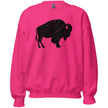 Hot pink Buffalo NY sweatshirt featuring a large black distressed buffalo silhouette, bold hometown pride apparel with a fun feminine look.