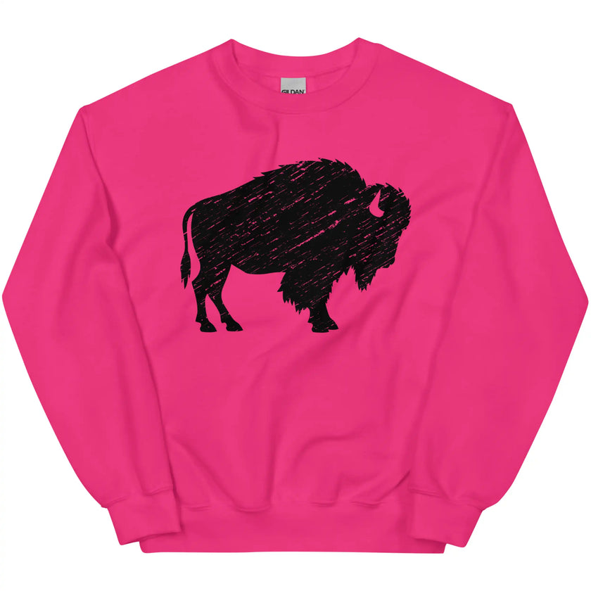 Hot pink Buffalo pride sweatshirt flat lay showcasing a large distressed black buffalo silhouette against a vibrant pink background.