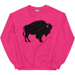 Hot pink Buffalo pride sweatshirt flat lay showcasing a large distressed black buffalo silhouette against a vibrant pink background.
