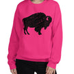 Woman wearing a hot pink Buffalo NY sweatshirt with a large distressed black buffalo silhouette, bold and feminine hometown fashion.