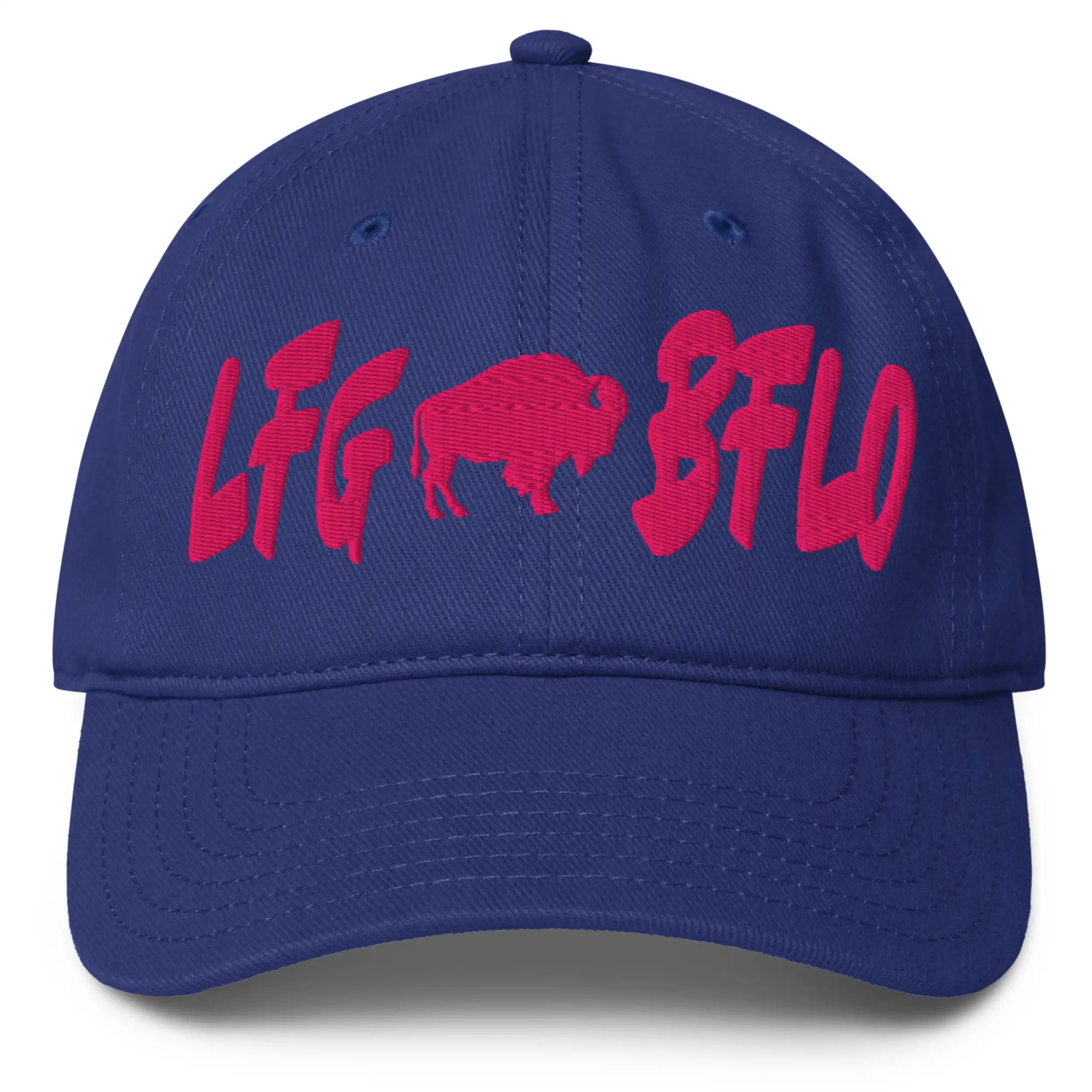 Blue low-profile Buffalo football LFG BFLO hat featuring hot pink embroidered lettering, bold Buffalo game day and tailgate party hat.