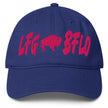 Blue low-profile Buffalo football LFG BFLO hat featuring hot pink embroidered lettering, bold Buffalo game day and tailgate party hat.